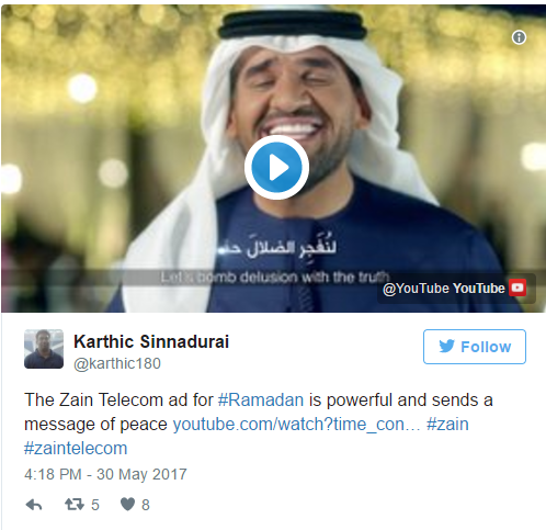 "Quảng cáo của hãng truyền thông Zain cho tháng Ramadan đầy sức lay động và gửi đi thông điệp hòa bình", Karthic Sinnadurai viết trên Twitter
