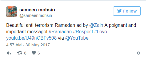 “Một quảng cáo chống khủng bố đầy ý nghĩa trong tháng Ramadan được thực hiện bởi Zain. Thông điệp thật quan trọng và sâu sắc”, Sameeen Mohsin viết.